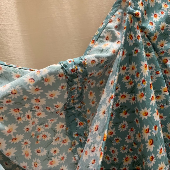 Blue Green Ditsy Floral Print Puff Sleeve Drawstring Self-Tie Ruched Bust Dress - Picture 12 of 16